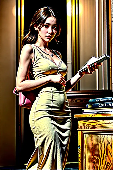 Beautiful woman holding a book standing in front of the clock tower,