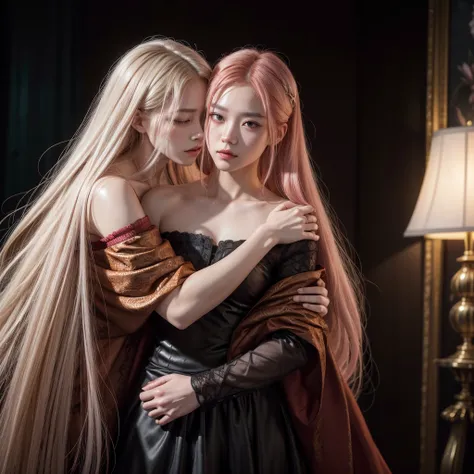 1 young asian man with shoulder-length red hair,pink eyes,feminine clothes,1 tall young asian albino man with long silver hair,black victorian-style expensive clothes,hugging each other,gay couple,best quality,4k,8k,highres,masterpiece:1.2,ultra-detailed,r...