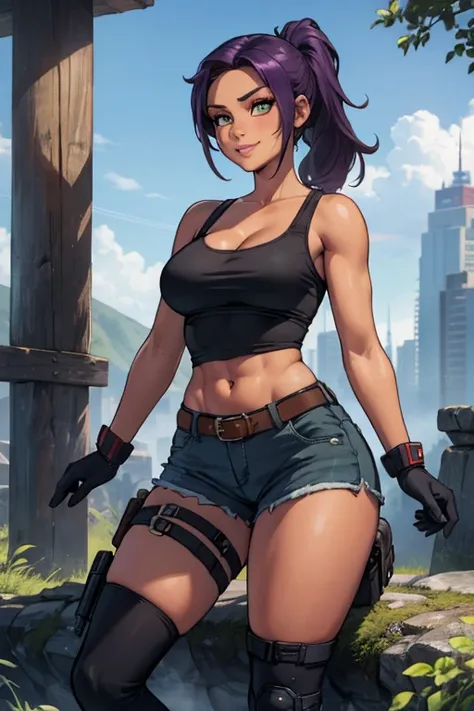 Lara Croft, Yoruichi Shihouin, cleavage, 25yo woman, hazel eyes, long purple hair in a ponytail, adventures outfit, medium breasts, waist, green tank-top and tan jean shorts, white sox, black gloves, hiking boots, thigh gun holsters, purple hair, determine...