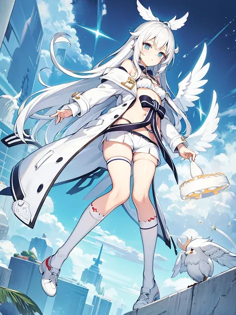 White bikini, knee socks, white wing, Angel, twin tale, concept art, full body, fashion coat, short pants