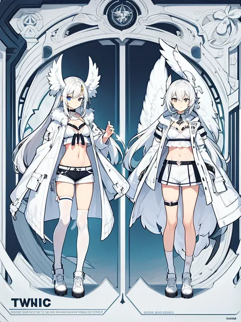 White bikini, knee socks, white wing, Angel, twin tale, concept art, full body, fashion coat, short pants