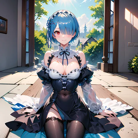 masterpiece, best quality, highres, ram1, 1girl, solo, rem (re:zero), blue hair, short hair, red eyes, round glasses, hair over one eye, collar, naughty expression, ribbon trim, hair ribbon, x hair ornament, frills, loose crop top, short crop top, see trou...