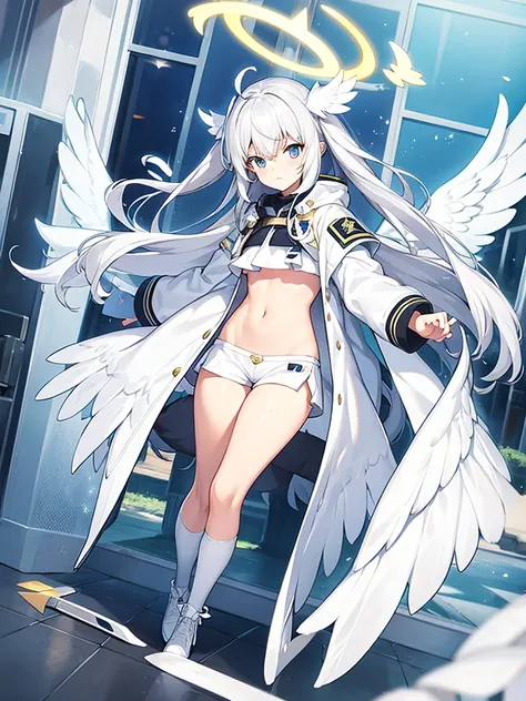 White bikini, knee socks, white wing, Angel, twin tale, concept art, full body, fashion coat, short pants, wing on head, halo