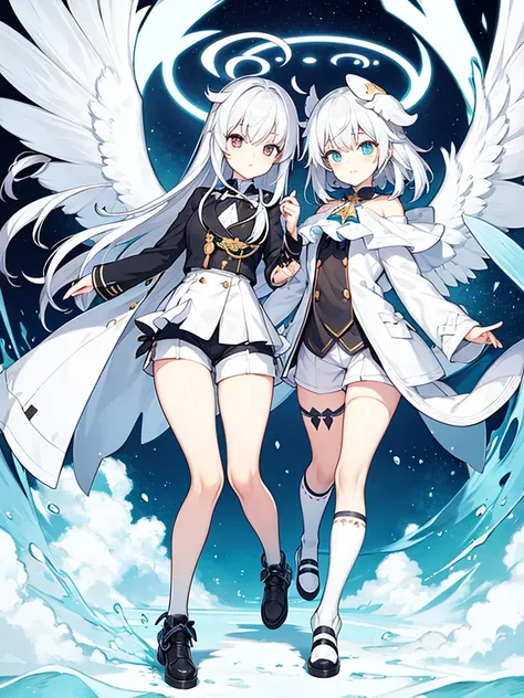 White bikini, knee socks, white wing, Angel, twin tale, concept art, full body, fashion coat, short pants, wing on head, halo