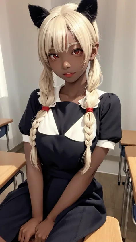 (masterpiece:1.2, best quality), 1lady, solo, , classroom, day, sit, blonde, twintails, red eyes, open collabone, darkskin, (open breasts:1.1),