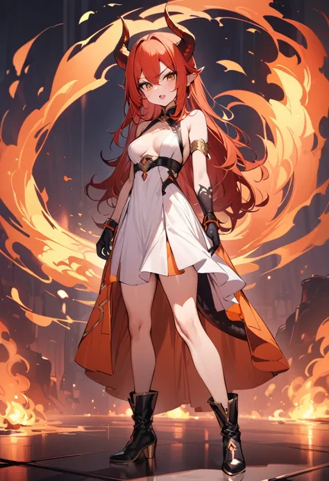 (masterpiece:1.2), (highest quality:1.2), 1girl, fire, solo, tail, horns, dragon-tail, dragon-girl, orange-hair, gloves, dress, dragon-horns, white-dress, looking-at-viewer, black-gloves, standing, bare-shoulders, full-body, red-hair, bangs, open-mouth, ar...