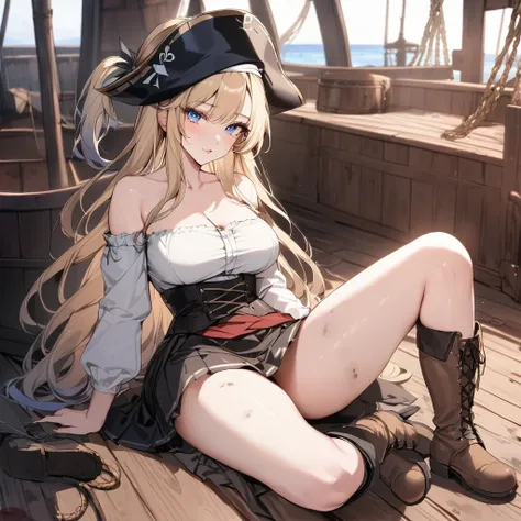 masterpiece, high quality, a demon girl, long blonde hair, light blue eyes, medieval attire, loose white shirt, old skirt, dirty old boots,
deck background of an old ship, pirate