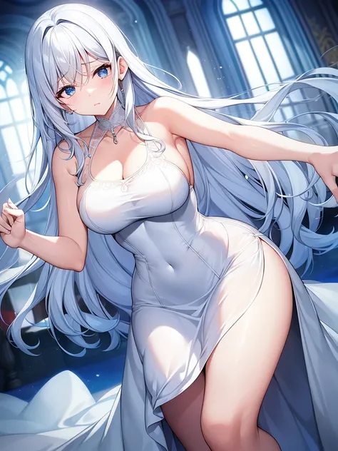 A fragile adult woman with an aura of sadness、I am so emotional I am crying、Round, droopy blue eyes、Fine wavy long white hair、Medium breasts and curvy legs、White Wedding Dress、Standing pose