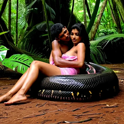 Topless  pink thong wearing aroused horny beautiful happy young Indian teen girl vs  Giant colossal black anaconda monster wrapped around her body squeezing her in coiled embrace cuddling and kissing  sexual erotic bestiality  sex  realistic in the rainfor...