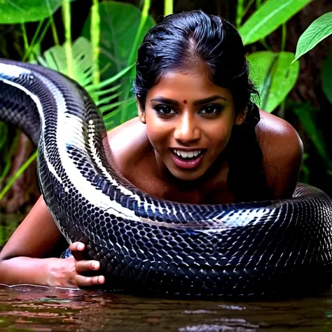 Happy horny aroused beautiful young teen  Indian girl fucking wrapped inside the wet dripping coils of a giant colossal black anaconda monster raw, ultra best picture, ultra intricate creative detail, hyper realistic detail, ultra hyper photo realism, ultr...