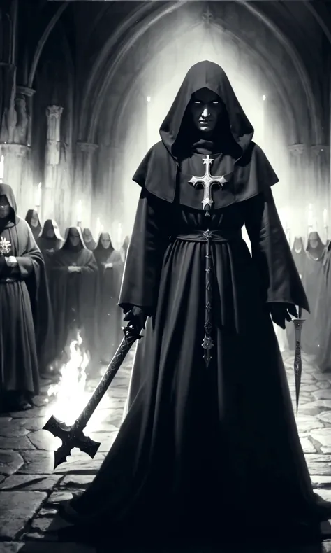 A black and white photograph of a person wearing a hooded robe and holding a sword., dark robes, dark dress, wearing dark robes, dark priest, sacrilegious rite, Holy Inquisition, black robes, dress, occultist, unholy meeting, dark robe, dark fantasy horror...