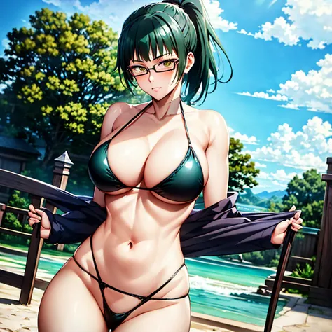 ZeninMakiNDV, 1girl, green hair, yellow eyes, large breasts, ponytail, glasses, bikini 