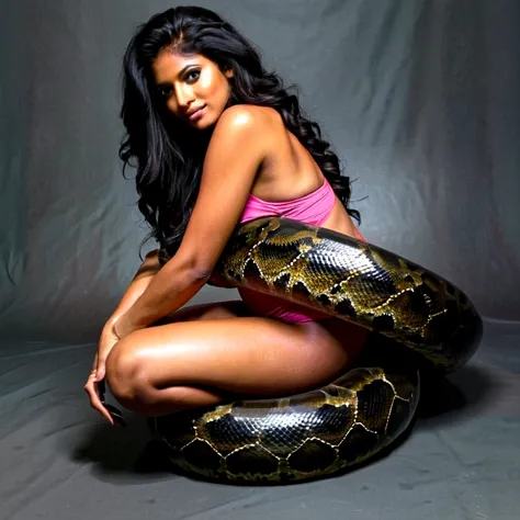  Topless pink thong Happy Horny, aroused 1girl), beautiful kneeling indian young teen girl  with  giant colossal black anaconda squeezing her hard, wrapped in thick spiraling coils, constricted, struggle, gasping for air, snake attack, snake peril, moonles...