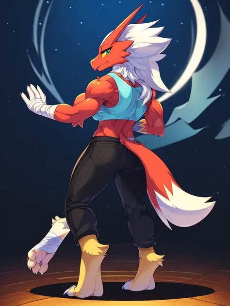 [blaziken], (mayosplash), (wamudraws)], ((masterpiece)), ((HD)), ((solo portrait)), ((back view)), ((furry; anthro)), ((detailed shading)), ((beautiful render art)), ((intricate details)), {anthro; red feathers, red beak, (yellow talon feet), (long white h...