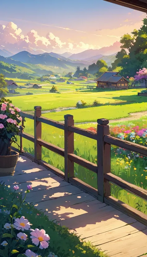 Illustration of peaceful countryside view from veranda, lush green fields, distant mountains, traditional houses, blooming flowers, blue sky, warm sunlight, gentle breeze, tranquil atmosphere, high detail, Serene.evening