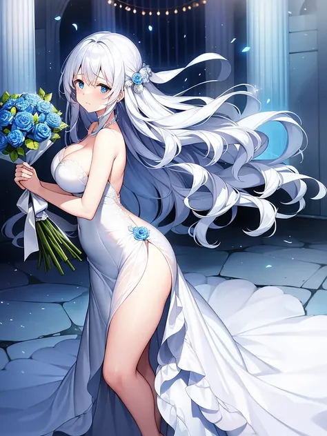 A fragile woman of a certain age with an aura of sadness、Holding a bouquet of blue roses、I am so emotional I am crying、Round, droopy blue eyes、Fine wavy long white hair、Medium breasts and curvy legs、White Wedding Dress、Standing pose