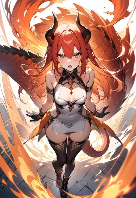 (masterpiece:1.2), (highest quality:1.2), 1girl, fire, solo, tail, horns, dragon-tail, dragon-girl, orange-hair, gloves, dress, dragon-horns, white-dress, looking-at-viewer, black-gloves, standing, bare-shoulders, full-body, red-hair, bangs, open-mouth, ar...