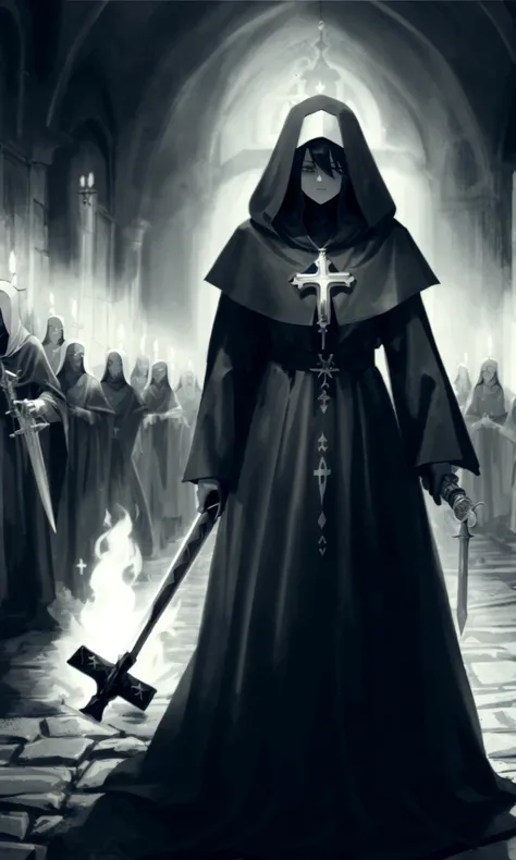 A black and white photograph of a person wearing a hooded robe and holding a sword., dark robes, dark dress, wearing dark robes, dark priest, sacrilegious rite, Holy Inquisition, black robes, dress, occultist, unholy meeting, dark robe, dark fantasy horror...