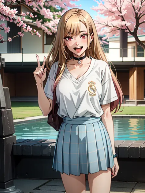  yukata, japan, cherry blossoms, best quality, (masterpiece:1.2), detailed, kitagawa marin sb, 1girl, solo, open mouth, grin, smile, long hair, blonde hair, red eyes, multicolored hair, earrings, wearing a white Real Madrid tshirt, choker, white Real Madri...