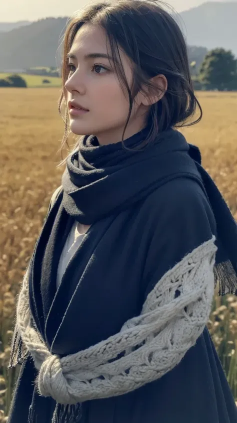 8k, best quality, masterpiece, realistic, ultra detail, photo realistic, Increase quality, 
a photo of a girl standing in a field with a scarf, in the style of dark and brooding designer, voluminous mass, photobash, serene faces, jagged edges, navy, natura...