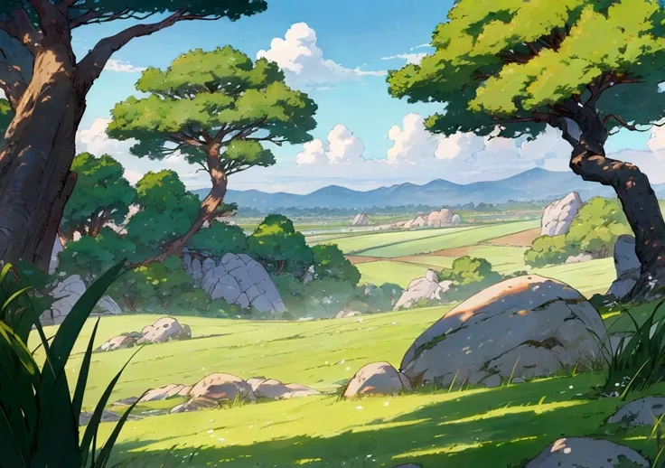 
anime - style painting of a tree in a grassy field with rocks, anime countryside landscape, anime landscape, anime landscape wallpaper, anime background art, beautiful anime scenery, anime background, anime beautiful peace scene, anime scenery, anime movi...