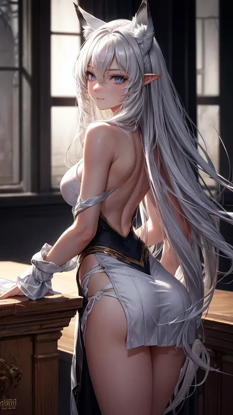 ((highy detailed)) ((ultra realisitic)) ((artwork)) 22 year old college cheerleader, , long Messy hair, (perfect ass), hunched over a table in a classroom, wearing a white sports bra, black pleated skirt and silver panties. focus on detailed eyes. Innocent...