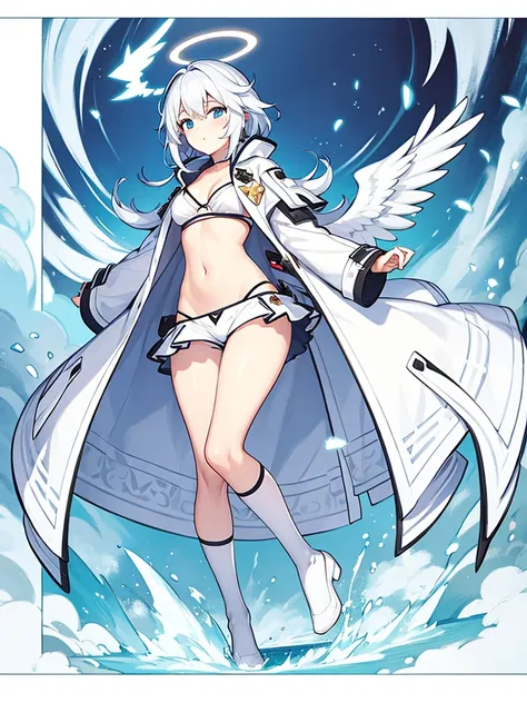 White bikini, knee socks, white wing, Angel, twin tale, concept art, full body, fashion coat, short pants, wing on head, halo