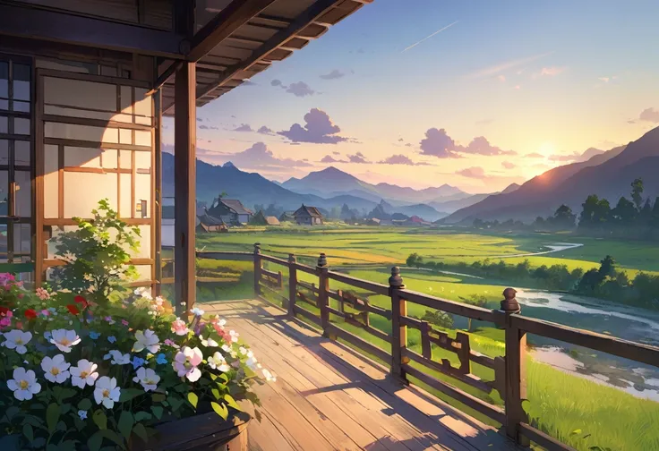 Illustration of peaceful countryside view from veranda, lush green fields, distant mountains, traditional houses, blooming flowers, blue sky, warm sunlight, gentle breeze, tranquil atmosphere, high detail, Serene.evening