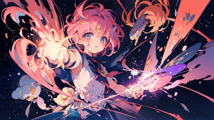 (​masterpiece、top-quality、Official art:1.2)、Look at viewers、(Little girl))、（Chibi Usa）（Pink hair）（Sailor Moon Costume，star island、Star fragments are scattered、（Meteor swarm），floating colorful starry sky、(2D:1.5)