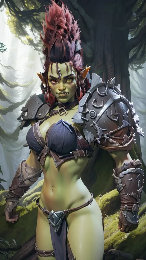 arafed female warrior with red hair and armor in a forest, female orc, green orc female, half orc half elf woman, female orc for...