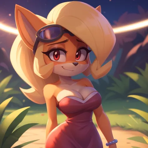 Coco Bandicoot, strapless tight dress, cleavage, blonde hair, curly hair, halo, sunglasses, jewelry, red eyes, longeyelashes, red eyes, smile, shy, blush, high detail, masterpiece, UHD, anatomically correct, super detail, highres, 4K