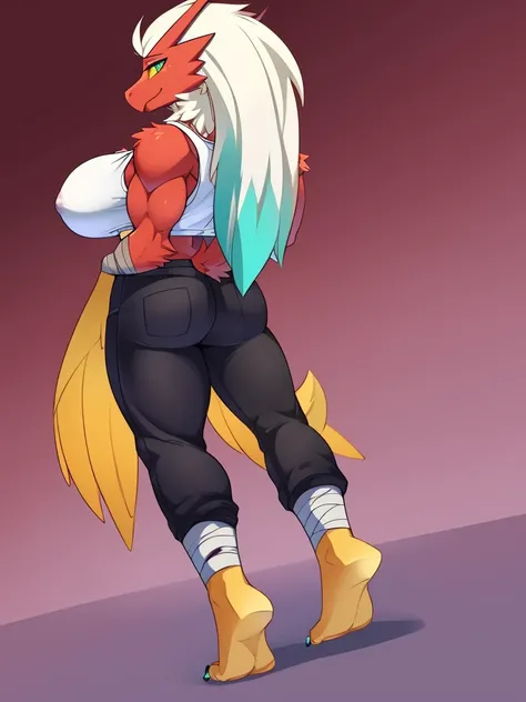 [blaziken], (mayosplash), (wamudraws)], ((masterpiece)), ((HD)), ((solo portrait)), ((back view)), ((furry; anthro)), ((detailed shading)), ((beautiful render art)), ((intricate details)), {anthro; red feathers, red beak, (yellow talon feet), (long white h...