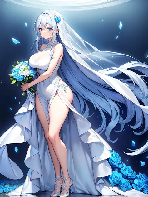 A fragile woman of a certain age with an aura of sadness、She is holding a bouquet of blue roses wrapped in white in front of her chest.、I am so emotional I am crying、Round, droopy blue eyes、Fine wavy long white hair、Medium breasts and curvy legs、White Wedd...