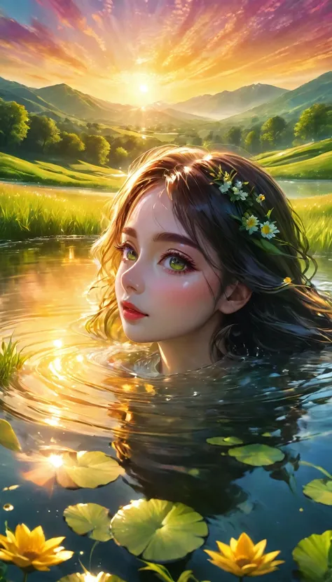 sunrise landscape, beautiful detailed eyes, beautiful detailed lips, extremely detailed eyes and face, long eyelashes, 1girl, serene expression, colorful sunrise sky, dramatic lighting, glowing clouds, golden sunlight, lush green meadow, rolling hills, tra...