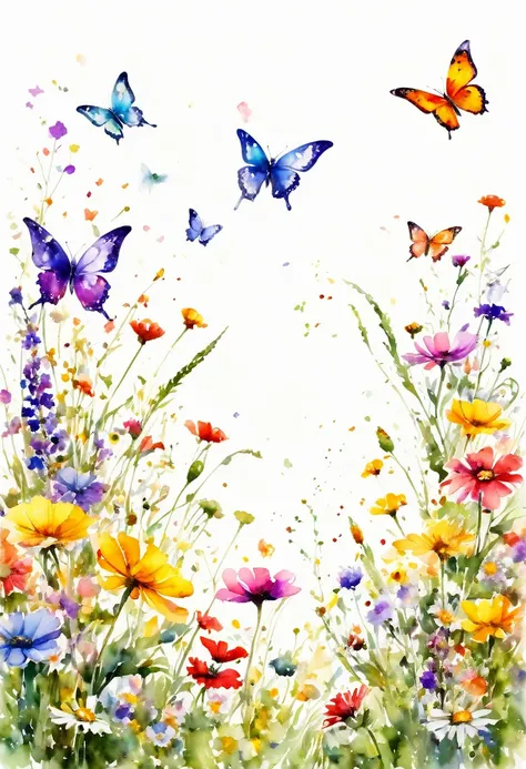 watercolor paint of butterflies extremely vivid variety of colors ,flying over a field of wild flowers ,vivid joy image white background