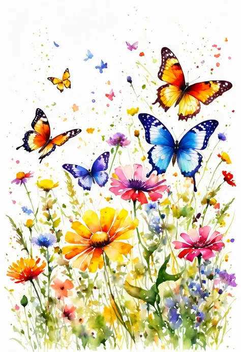 watercolor paint of butterflies extremely vivid variety of colors ,flying over a field of wild flowers ,vivid joy image white background