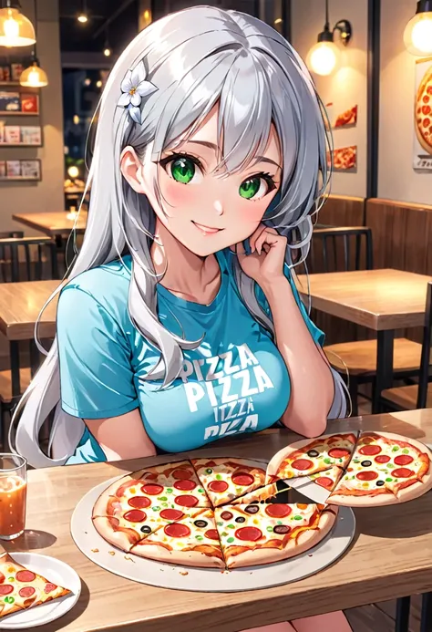 Pretty asian woman, bright silver hair, long hair, green eyes,  tshirt, perfect face, busty, sitting at a table, cute pose, 1 pizza on the table, anime style , smiling