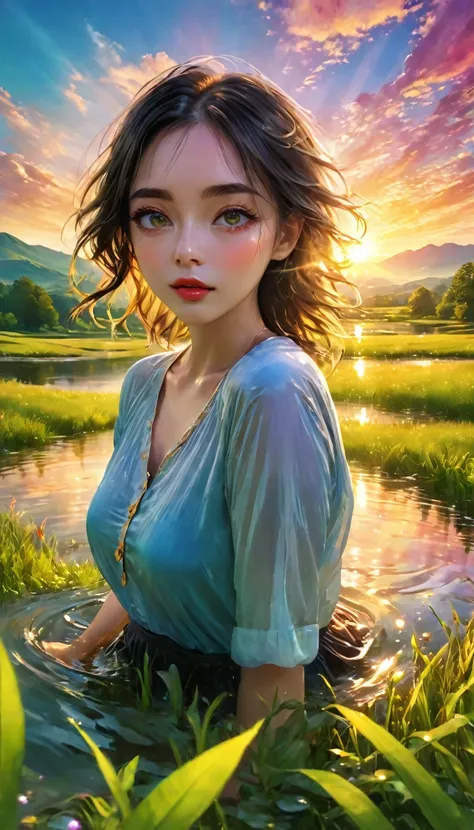 sunrise landscape, beautiful detailed eyes, beautiful detailed lips, extremely detailed eyes and face, long eyelashes, 1girl, serene expression, colorful sunrise sky, dramatic lighting, glowing clouds, golden sunlight, lush green meadow, rolling hills, tra...