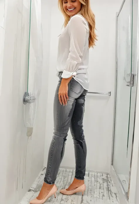 (((side view))), attractive blonde woman wearing skinny jeans, ballet flats, white blouse, standing in a bathroom,  wetting, big smile, pee stains are gleaming wet,  (((side view)))