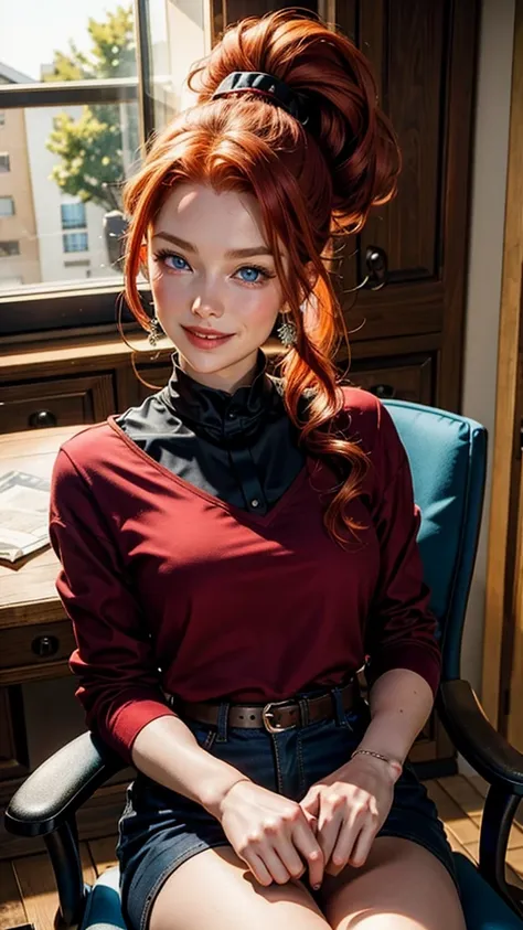 Beautiful redhead with blue eyes, ponytail, beautiful, red blouse, at home, big ponytail, beautiful, sexy, smiling, from the front, sitting on the chair black clothes