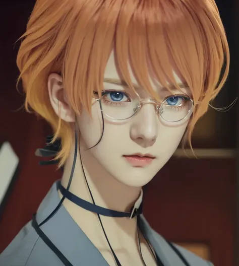 anime boy with orange yellow hair and dark blue eyes in a suit, reiji sakamaki, diabolik lovers, anime guy with dark blue eyes, anime handsome man, with glasses, realistic, ultra details