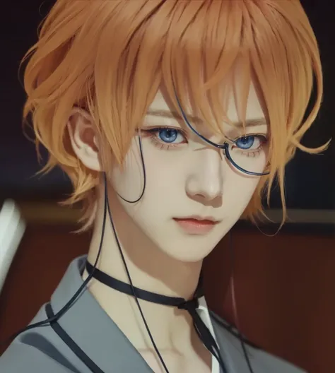 anime boy with orange yellow hair and dark blue eyes in a suit, reiji sakamaki, diabolik lovers, anime guy with dark blue eyes, anime handsome man, with glasses, realistic, ultra details