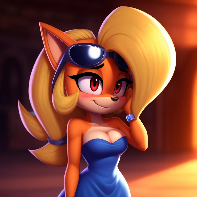 Coco Bandicoot, strapless tight dress, cleavage, blonde hair, curly hair, halo, sunglasses, jewelry, red eyes, longeyelashes, red eyes, smile, shy, blush, high detail, masterpiece, UHD, anatomically correct, super detail, highres, 4K