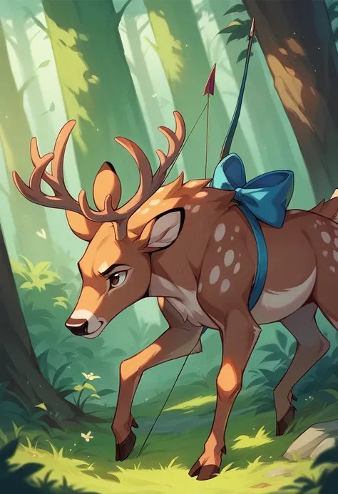 A man hunting deer with a bow and arrow in a beautiful forest 