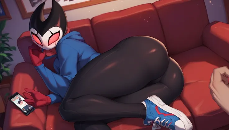 score_9, score_8_up, score_7_up, score_6_up, zPDXL2, grimm (hollow knight), vampire, bat, 1boy, solo, cute face, detailed eyes, portrait, thick thighs, anthro, thick ass, pov, tight black sports pants, cinematic angle, blue large hoodie, seductive pose, re...