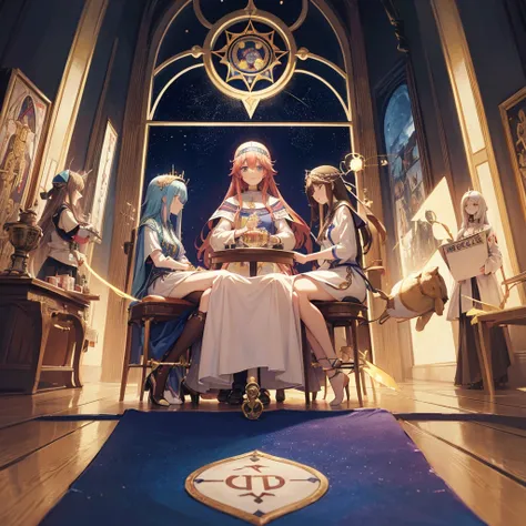 Tarot Cards（Female Pope(Salvator Mundi）のLast Supper（　canteen　Draw on canvas（Stained glass（Valentine　hologram　Blue light swirling）　Last Supper　　holy grail　Christ　smile）Anime Poster、oil）
