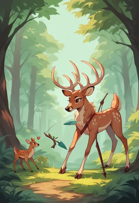 A woman hunting deer with a bow and arrow in a beautiful forest 