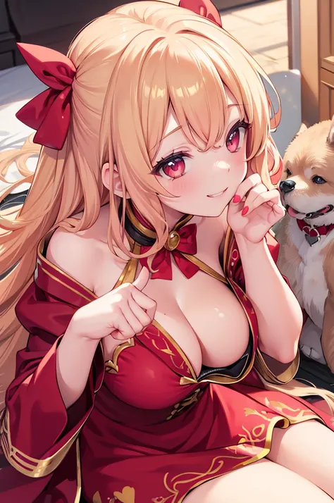 Sexy pretty girl, blonde hair, pastel red eyes,curly hair,dog ear, heart,ribbon,sexy gold dress, fellatio gesture,steam，smile、