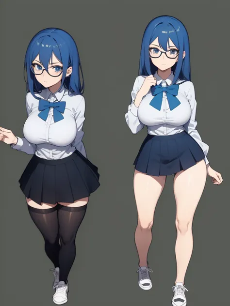 Best quality, anime girl, blue hair, glasses, slim and curvaceous body, skort skirt, big bust