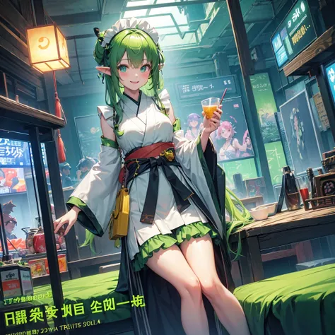 Elf（Maid clothes（kimono）　tropical　tropicalジュース（tray）　Tavern（Adventurer）　cyber punk　Green light swirling（hologram）　Multiple monitors behind（Streaming screen　magic circle）　Adventurer　Medieval Fantasy　smile　night　comics）